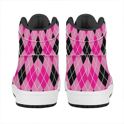 Black And Pink Argyle Pattern Print High Top Leather Sneakers