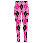 Black And Pink Argyle Pattern Print High-Waisted Pocket Leggings