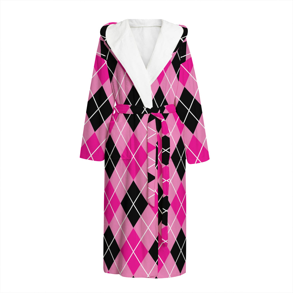 Black And Pink Argyle Pattern Print Hooded Bathrobe