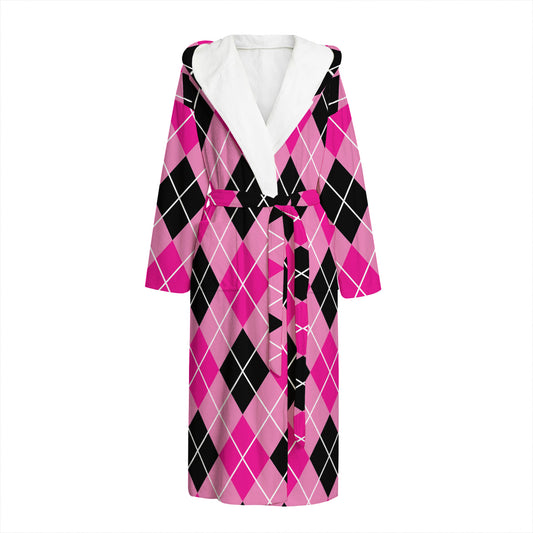 Black And Pink Argyle Pattern Print Hooded Bathrobe
