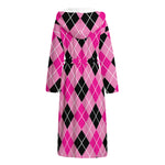 Black And Pink Argyle Pattern Print Hooded Bathrobe