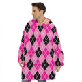Black And Pink Argyle Pattern Print Hoodie Blanket