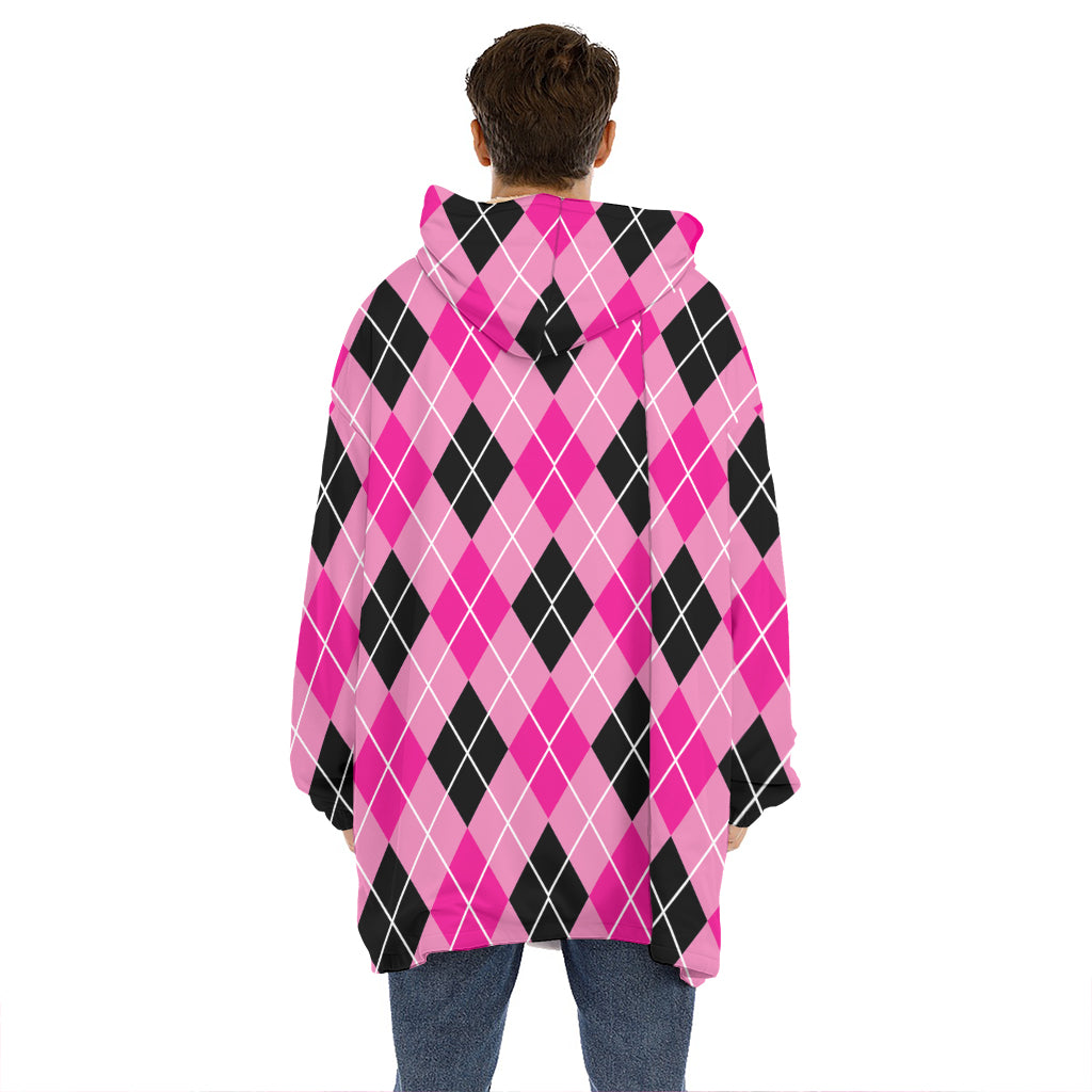 Black And Pink Argyle Pattern Print Hoodie Blanket