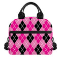 Black And Pink Argyle Pattern Print Insulated Lunch Bag