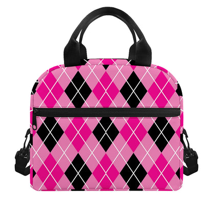 Black And Pink Argyle Pattern Print Insulated Lunch Bag
