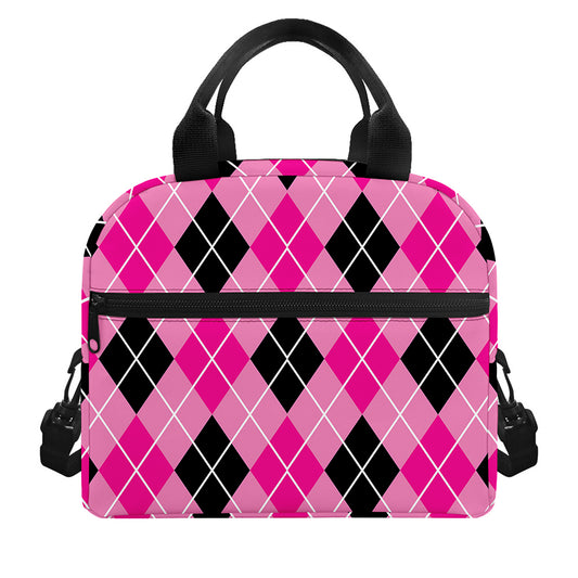 Black And Pink Argyle Pattern Print Insulated Lunch Bag