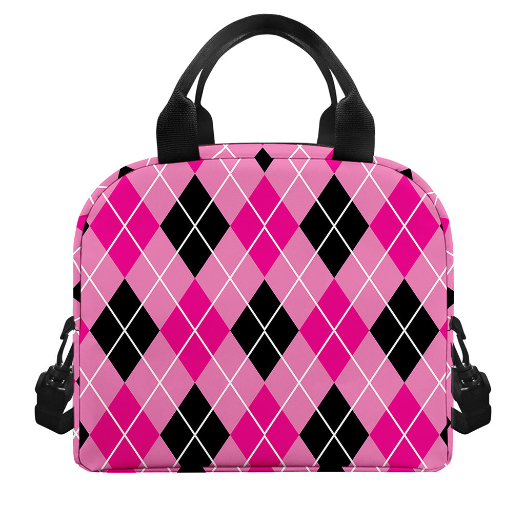 Black And Pink Argyle Pattern Print Insulated Lunch Bag