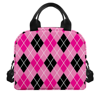 Black And Pink Argyle Pattern Print Insulated Lunch Bag