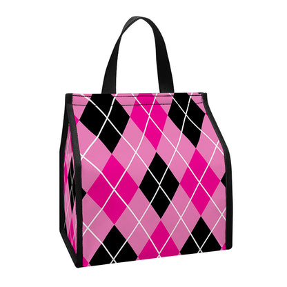 Black And Pink Argyle Pattern Print Insulated Lunch Tote