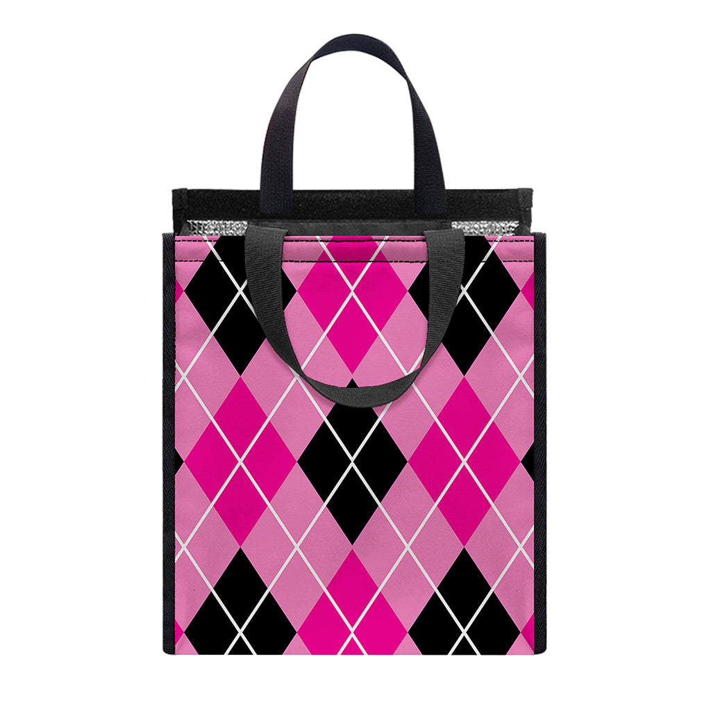 Black And Pink Argyle Pattern Print Insulated Lunch Tote