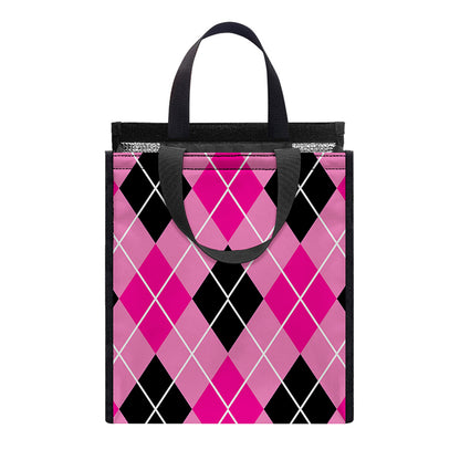 Black And Pink Argyle Pattern Print Insulated Lunch Tote