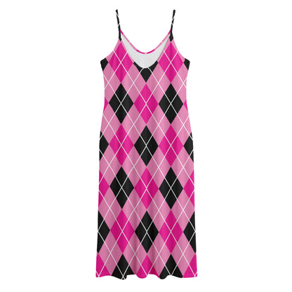 Black And Pink Argyle Pattern Print Jersey Midi Cami Dress
