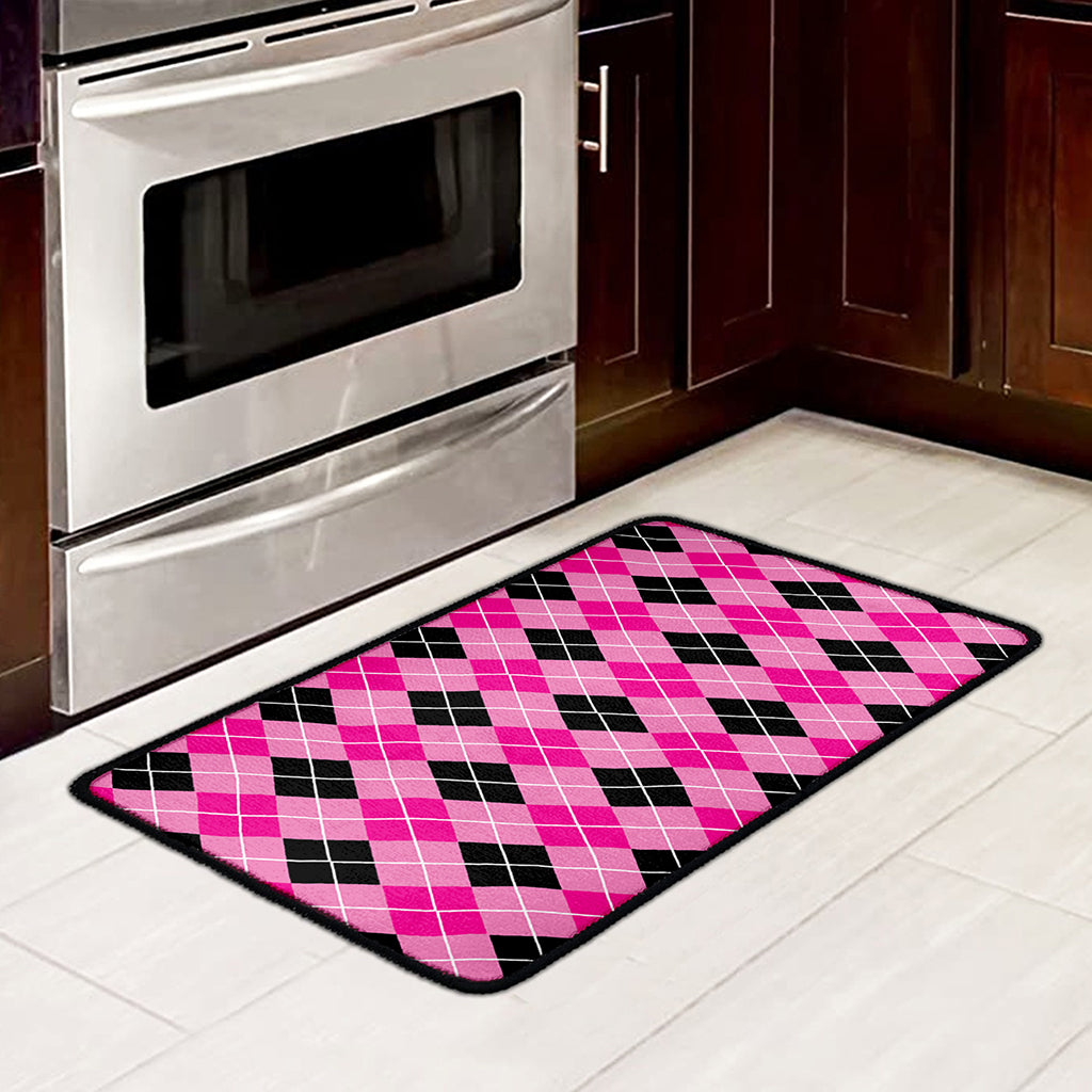 Black And Pink Argyle Pattern Print Kitchen Mat