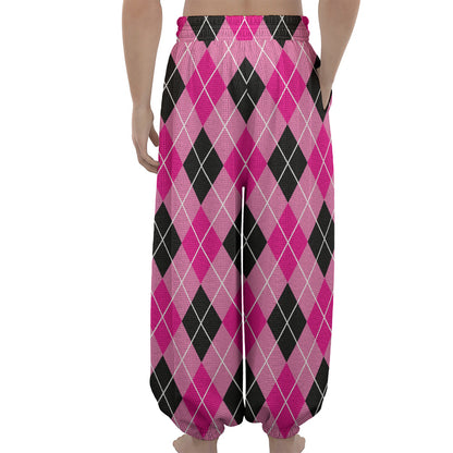 Black And Pink Argyle Pattern Print Lantern Pants