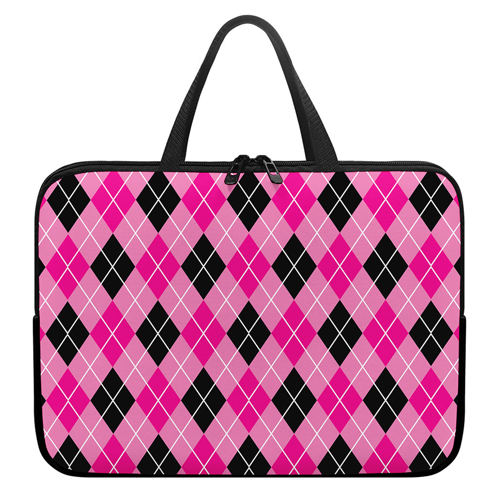 Black And Pink Argyle Pattern Print Laptop Sleeve With Handle