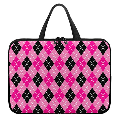Black And Pink Argyle Pattern Print Laptop Sleeve With Handle
