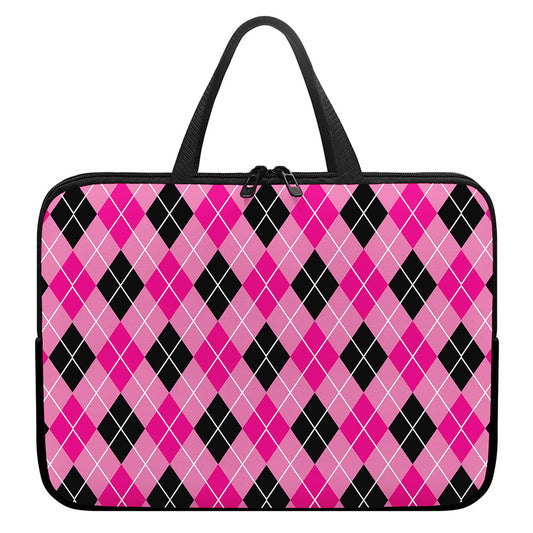 Black And Pink Argyle Pattern Print Laptop Sleeve With Handle
