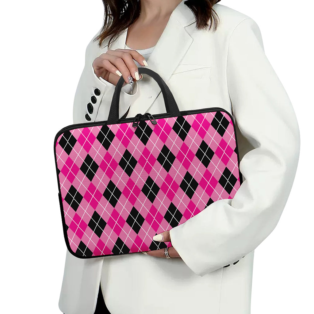Black And Pink Argyle Pattern Print Laptop Sleeve With Handle