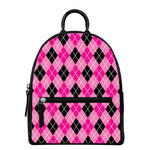 Black And Pink Argyle Pattern Print Leather Backpack