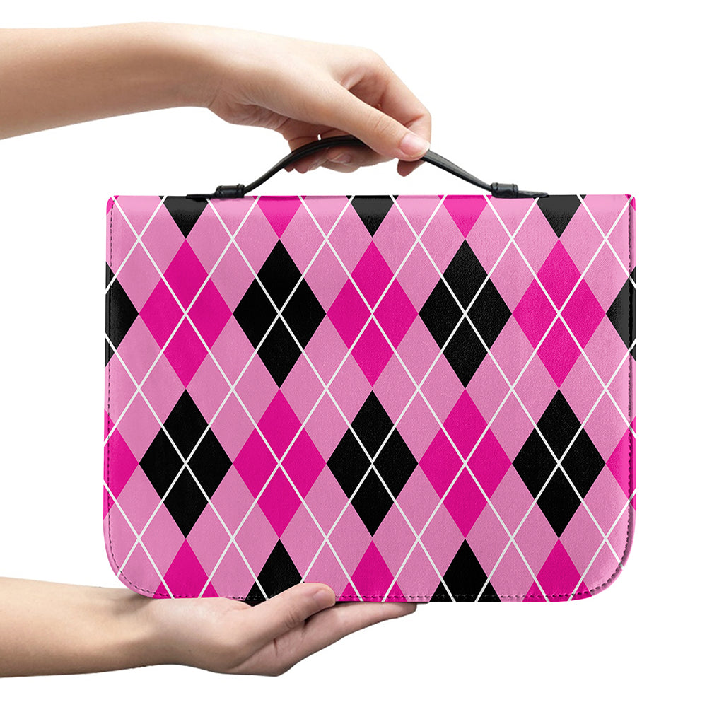 Black And Pink Argyle Pattern Print Leather Bible Cover