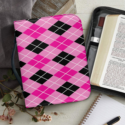 Black And Pink Argyle Pattern Print Leather Bible Cover