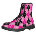 Black And Pink Argyle Pattern Print Lace-Up Boots