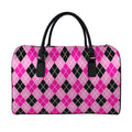Black And Pink Argyle Pattern Print Leather Duffel Bag
