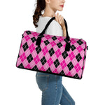 Black And Pink Argyle Pattern Print Leather Duffle Bag