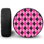 Black And Pink Argyle Pattern Print Leather Spare Tire Cover