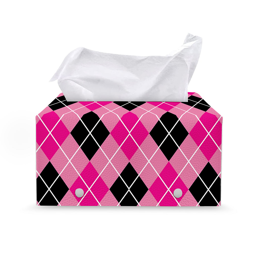 Black And Pink Argyle Pattern Print Leather Tissue Box Cover