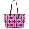 Black And Pink Argyle Pattern Print Leather Tote Bag With Zipper