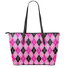 Black And Pink Argyle Pattern Print Leather Tote Bag