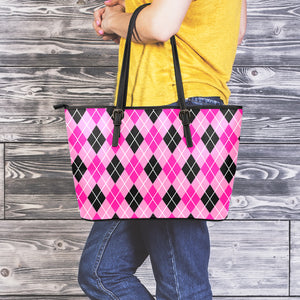 Black And Pink Argyle Pattern Print Leather Tote Bag