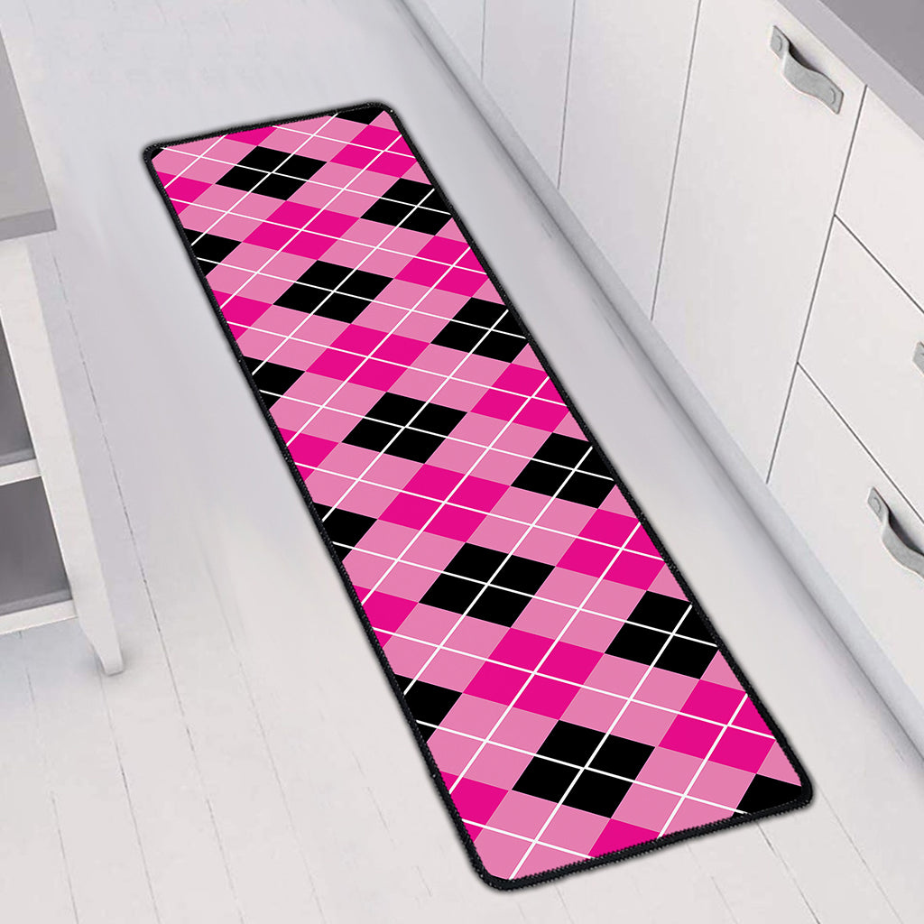 Black And Pink Argyle Pattern Print Long Kitchen Mat