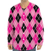 Black And Pink Argyle Pattern Print Long Sleeve Baseball Jersey