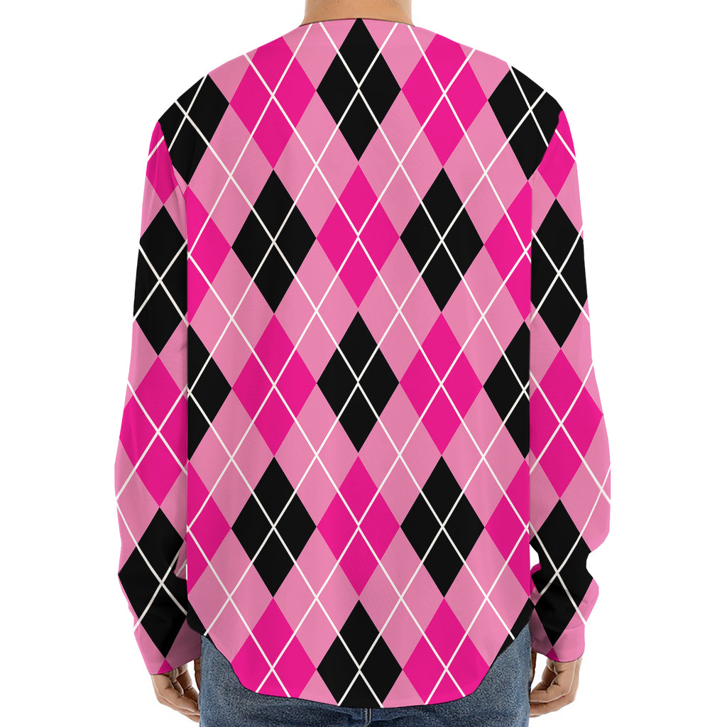 Black And Pink Argyle Pattern Print Long Sleeve Baseball Jersey