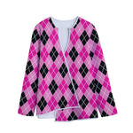 Black And Pink Argyle Pattern Print Long Sleeve Short Coat