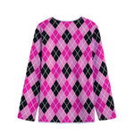 Black And Pink Argyle Pattern Print Long Sleeve Short Coat