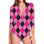 Black And Pink Argyle Pattern Print Long Sleeve Swimsuit