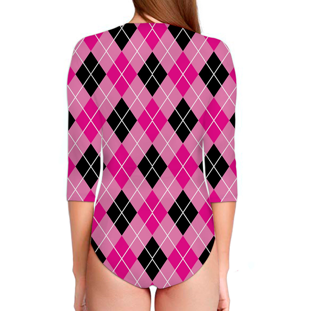 Black And Pink Argyle Pattern Print Long Sleeve Swimsuit