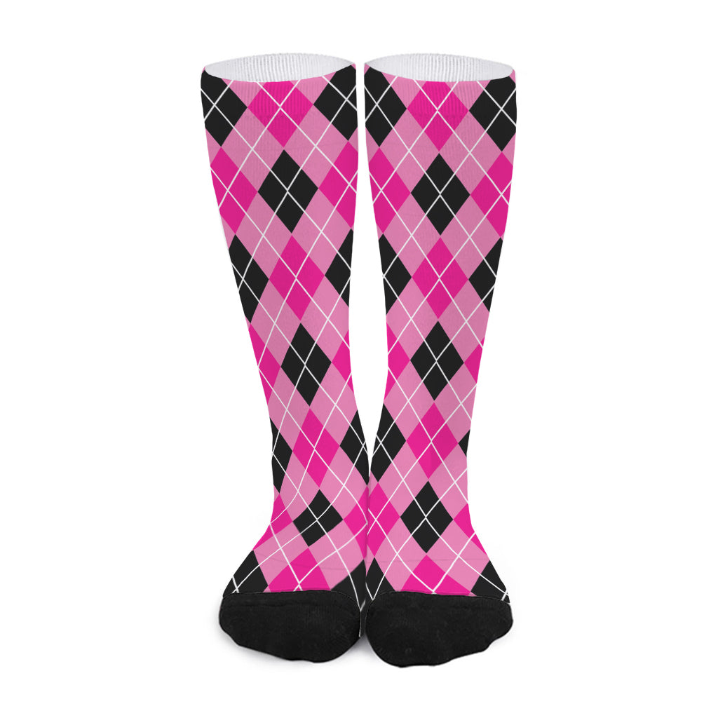 Black And Pink Argyle Pattern Print Long Socks