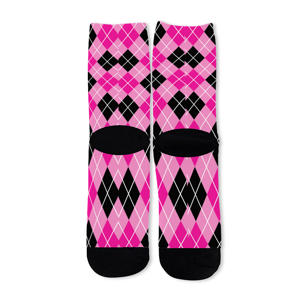 Black And Pink Argyle Pattern Print Long Socks