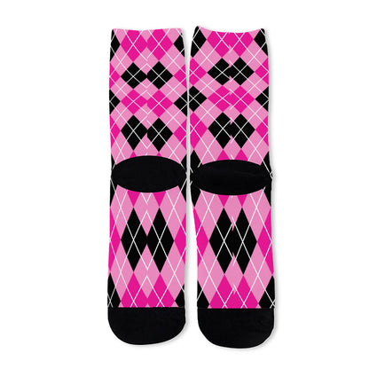 Black And Pink Argyle Pattern Print Long Socks