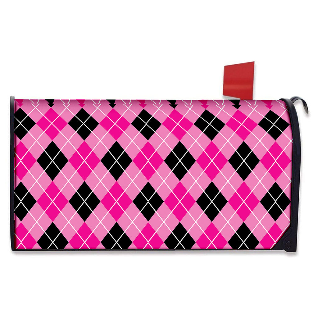 Black And Pink Argyle Pattern Print Mailbox Cover
