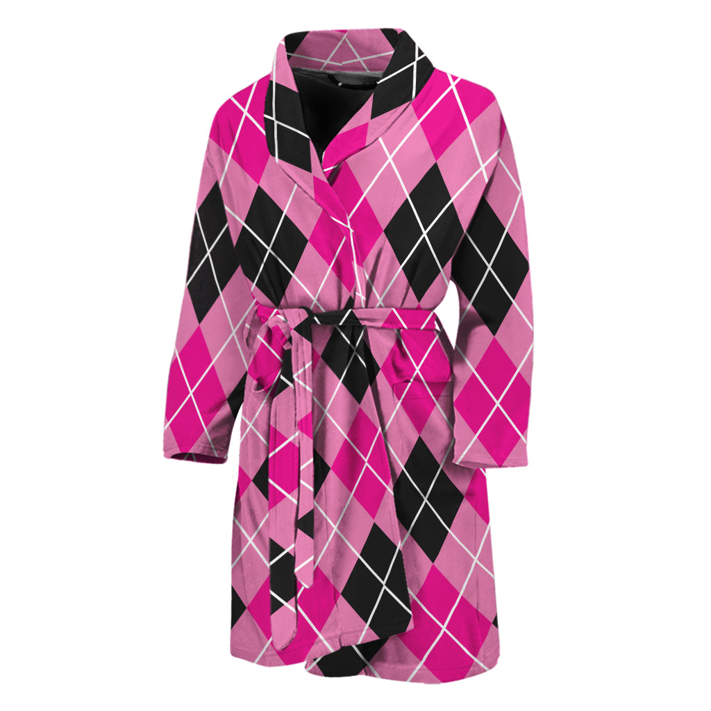 Black And Pink Argyle Pattern Print Men's Bathrobe