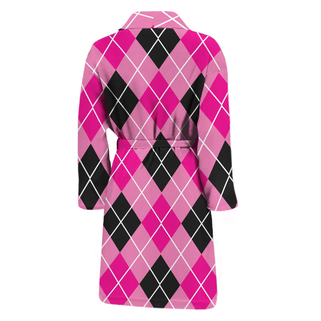 Black And Pink Argyle Pattern Print Men's Bathrobe