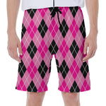 Black And Pink Argyle Pattern Print Men's Beach Shorts