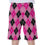 Black And Pink Argyle Pattern Print Men's Beach Shorts
