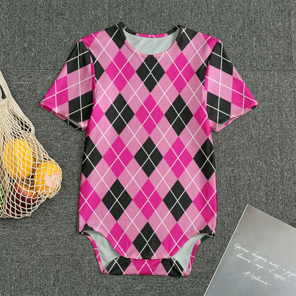 Black And Pink Argyle Pattern Print Men's Bodysuit
