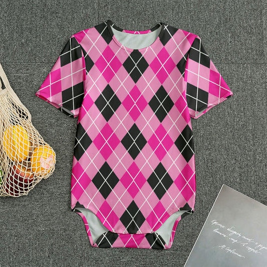 Black And Pink Argyle Pattern Print Men's Bodysuit